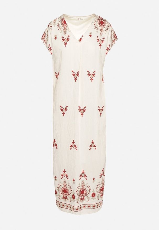 Born2be - Biało-Czerwona Wiskozowa Sukienka Pudełkowa z Ornamentnym Wzorem Melosea. Okazja: na co dzień. Kolor: biały. Materiał: wiskoza. Styl: casual, elegancki