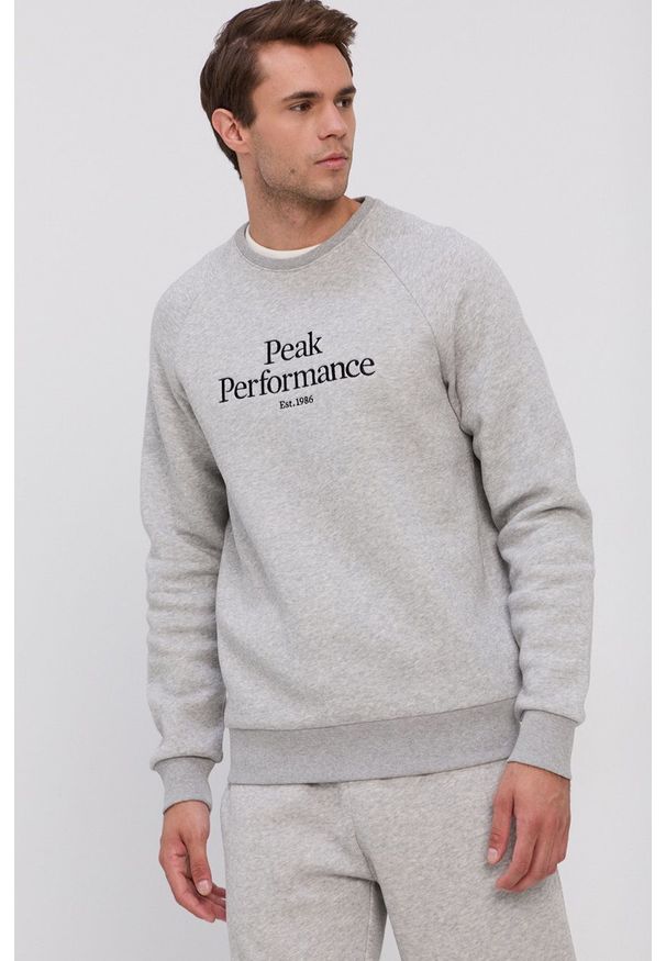 Peak Performance Bluza męska kolor szary melanżowa. Okazja: na co dzień. Kolor: szary. Materiał: dzianina, bawełna. Długość rękawa: raglanowy rękaw. Wzór: melanż. Styl: casual