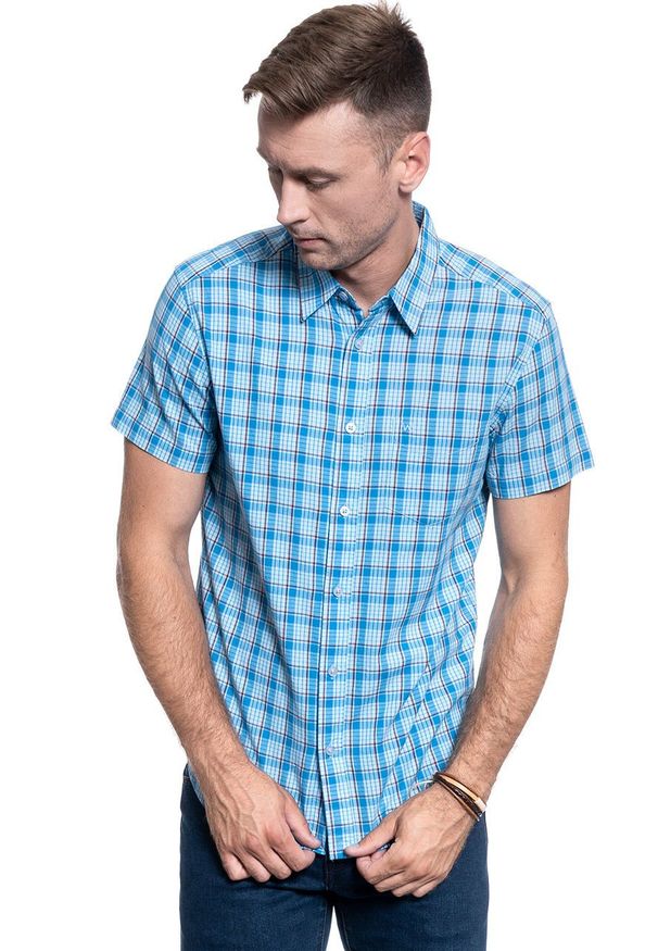 Wrangler - MĘSKA KOSZULA MATERIAŁOWA WRANGLER SS 1 PKT SHIRT CERULEAN BLUE W5J11OXVT 112130160. Materiał: materiał