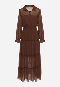 Born2be - Brązowa Rozkloszowana Sukienka VICES Koszulowa w Stylu Retro Aravite. Okazja: na co dzień. Typ kołnierza: kołnierzyk klasyczny, kołnierz z falbankami, dekolt w kształcie V. Kolor: brązowy. Długość rękawa: długi rękaw. Typ sukienki: koszulowe. Styl: retro #7