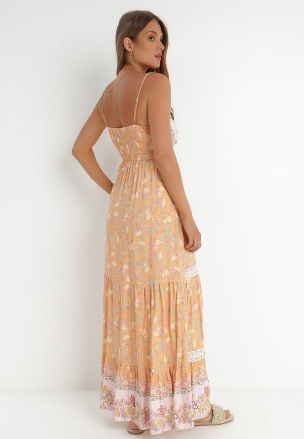 Born2be - Pomarańczowo-Różowa Sukienka Bakrey. Kolor: pomarańczowy. Materiał: wiskoza, koronka, tkanina. Długość rękawa: na ramiączkach. Wzór: nadruk, aplikacja, kwiaty. Sezon: lato. Długość: maxi