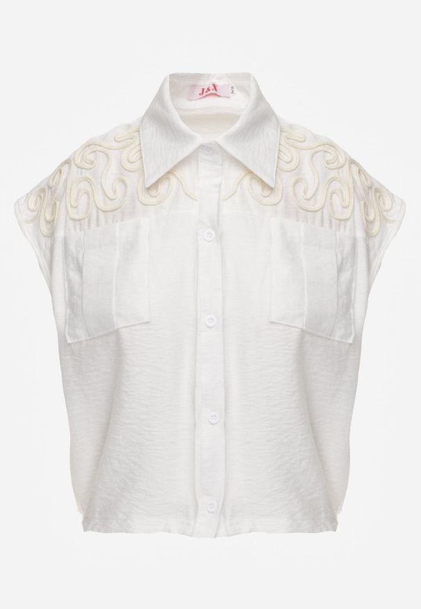 Born2be - Biała Wiskozowa Koszula Boho Bez Rękawów ze Ściągaczem w Pasie Limopise. Okazja: na co dzień. Kolor: biały. Materiał: wiskoza. Długość rękawa: bez rękawów. Wzór: aplikacja. Sezon: lato. Styl: boho