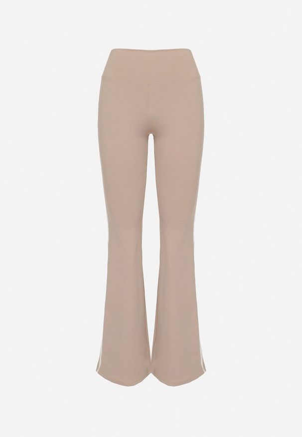 Born2be - Beżowe Marszczone Legginsy Dzwony z Wysokim Stanem i Lampasami Nakatia. Okazja: na co dzień. Stan: podwyższony. Kolor: beżowy. Styl: sportowy, elegancki, casual