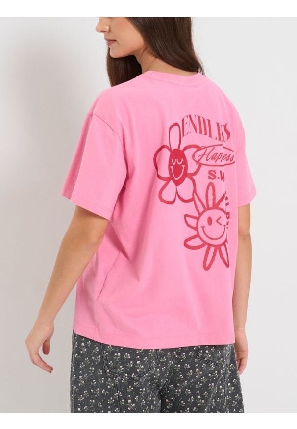 Sinsay - Bawełniana koszulka z nadrukiem na plecach SmileyWorld® - różowy. Kolor: różowy. Materiał: bawełna. Wzór: nadruk