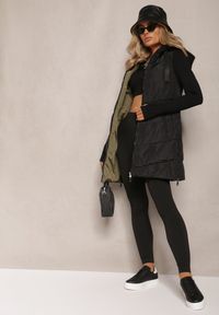 Renee - Czarna Długa Kamizelka Pikowana Dwustronna ze Sznurkami przy Kapturze Frenila. Kolor: czarny. Długość: długie. Styl: elegancki
