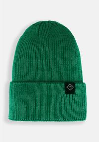 Volcano - Zimowa czapka damska beanie H-CHILLI. Kolor: zielony. Materiał: skóra, dzianina, akryl. Wzór: ze splotem. Sezon: zima. Styl: klasyczny