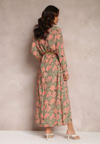 Renee - Zielono-Różowa Sukienka Koszulowa w Kwiaty z Paskiem Coss. Kolor: zielony. Materiał: tkanina. Wzór: kwiaty. Typ sukienki: koszulowe #4