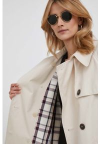 TOMMY HILFIGER - Tommy Hilfiger płaszcz damski kolor beżowy przejściowy dwurzędowy. Kolor: beżowy. Materiał: bawełna. Długość rękawa: raglanowy rękaw #4