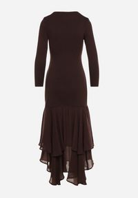 Born2be - Brązowa Sukienka z Wiskozą o Dopasowanym Kroju z Falbanami u Dołu Vebmara. Okazja: na randkę. Kolor: brązowy. Materiał: wiskoza. Typ sukienki: dopasowane. Styl: elegancki #7