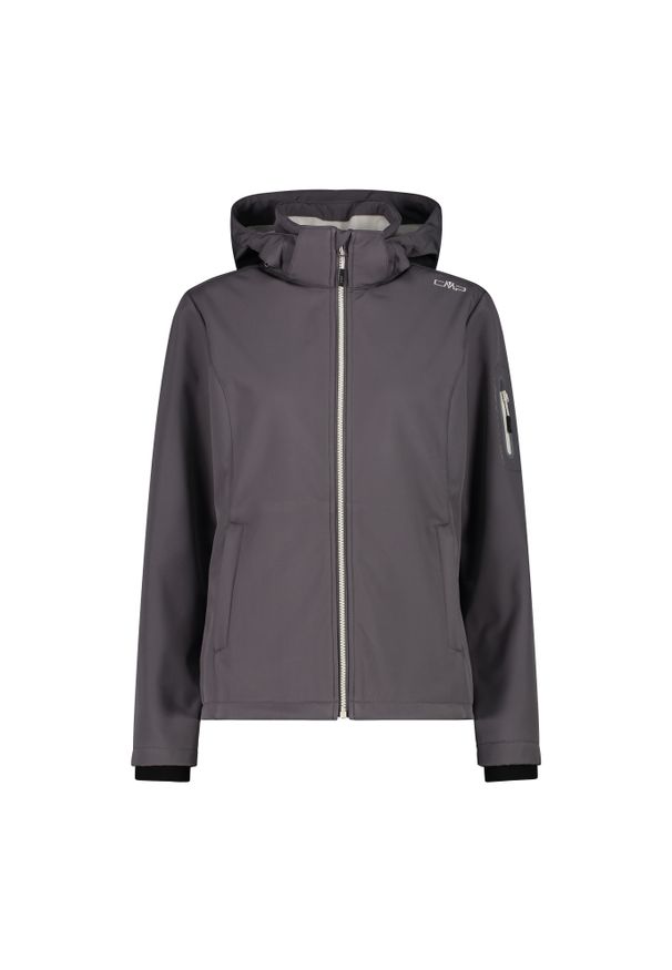 Damska kurtka turystyczna z kapturem CMP. Typ kołnierza: kaptur. Kolor: szary. Materiał: softshell. Sport: turystyka piesza