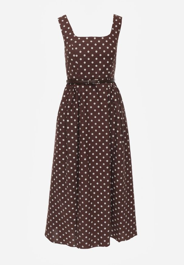 Born2be - Brązowa Bawełniano-Wiskozowa Sukienka Retro w Groszki o Rozkloszowanym Kroju Eviphaia. Okazja: na co dzień. Typ kołnierza: dekolt kwadratowy. Kolor: brązowy. Wzór: grochy. Typ sukienki: rozkloszowane, proste. Materiał: wiskoza, bawełna. Długość rękawa: bez rękawów. Sezon: lato. Styl: retro