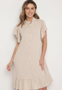 Born2be - Beżowa Sukienka Koszulowa z Guzikami i Falbankami Tenalena. Okazja: na co dzień. Typ kołnierza: kołnierz z falbankami. Kolor: beżowy. Typ sukienki: koszulowe. Styl: elegancki, casual, sportowy #3