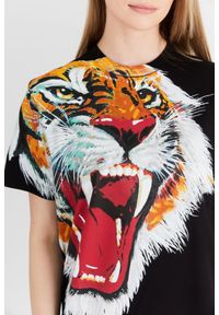 DSQUARED2 Czarny t-shirt damski z tygrysem, Rozmiar S. Kolor: czarny. Materiał: prążkowany, bawełna. Wzór: nadruk