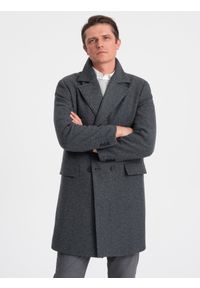 Ombre Clothing - Dwurzędowy męski płaszcz z podszewką - grafitowy V2 - Rozmiar: M. Typ kołnierza: kołnierz rewers. Kolor: szary. Materiał: poliester