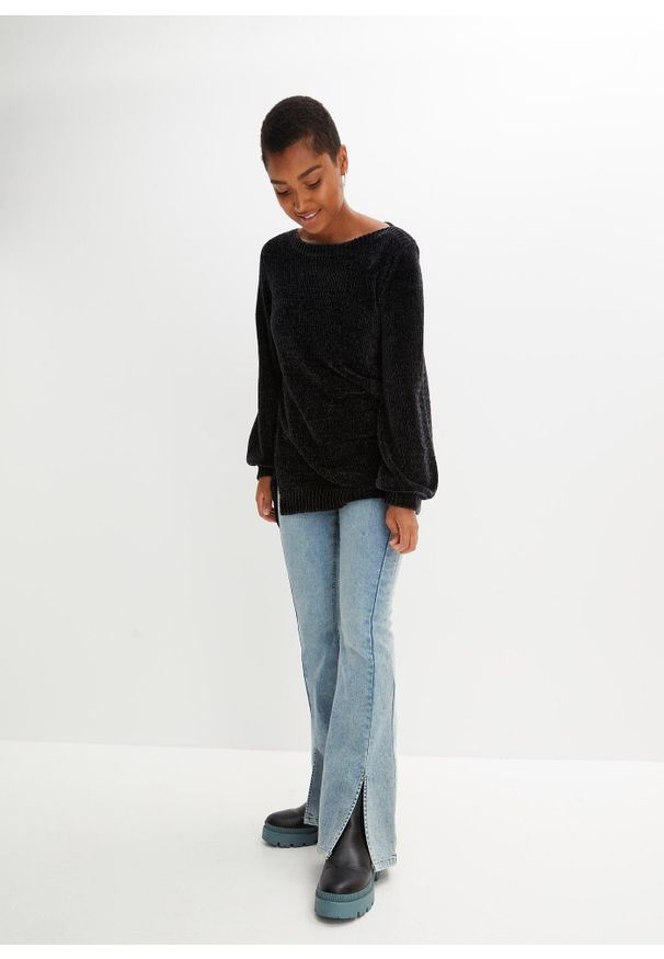 bonprix - Długi sweter z szenili. Typ kołnierza: dekolt w serek. Kolor: czarny. Materiał: materiał. Długość rękawa: długi rękaw. Długość: długie