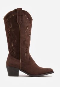 Renee - Brązowe Ażurowe Botki Kowbojki na Stożku z Imitacji Zamszu Hephiane. Kolor: brązowy. Materiał: zamsz. Wzór: ażurowy. Obcas: na stożku. Styl: boho. Wysokość obcasa: średni #2