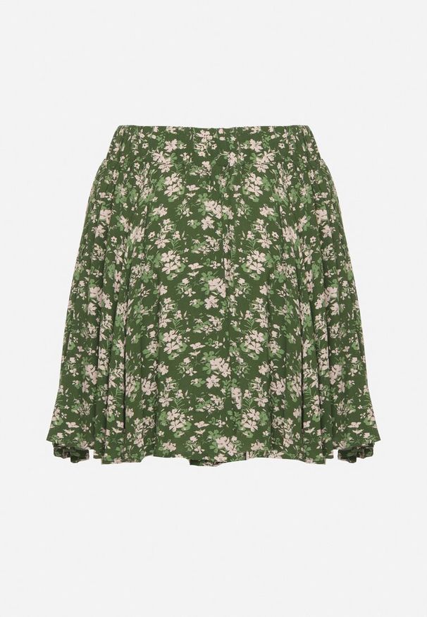 Born2be - Zielone Spódnico-Szorty z Wysokim Stanem Ozdobione Kwiatami Sunileia. Okazja: na plażę, na imprezę. Stan: podwyższony. Kolor: zielony. Wzór: aplikacja, kwiaty. Sezon: lato