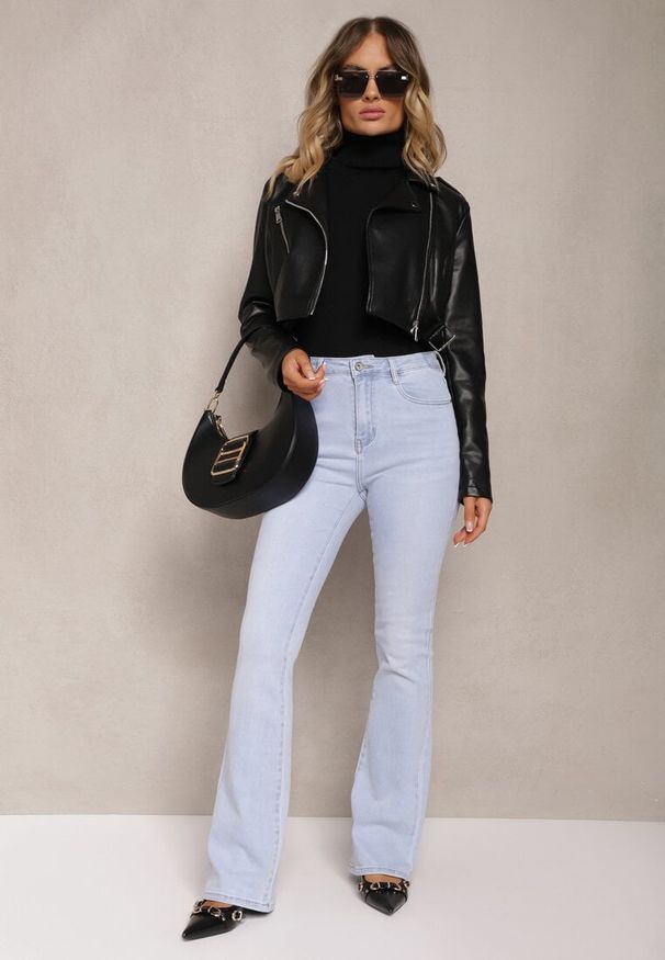 Renee - Jasnoniebieskie Jeansy o Kroju Dzwonów z Bawełny High Waist Navialas. Okazja: na co dzień. Stan: podwyższony. Kolor: niebieski. Styl: casual, retro, elegancki