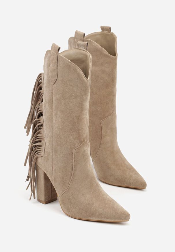 Renee - Ciemnobeżowe Botki Kowbojki na Słupku Ozdobione Frędzlami Reikka. Okazja: na co dzień. Kolor: beżowy. Materiał: jeans. Wzór: aplikacja. Obcas: na słupku. Styl: casual