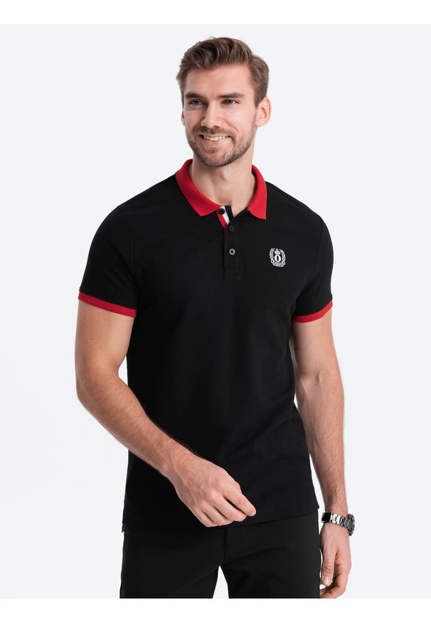 Ombre Clothing - Męska koszulka polo z kolorowymi akcentami – czarny V3 - Rozmiar: M. Typ kołnierza: polo. Kolor: czarny. Materiał: dzianina, bawełna. Wzór: kolorowy. Styl: klasyczny, elegancki, sportowy