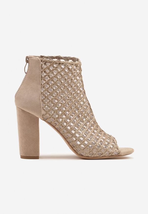 Born2be - Ciemnobeżowe Botki Vices na Obcasie z Siateczkową Cholewką Karhiris. Okazja: na co dzień. Kolor: beżowy. Materiał: jeans. Sezon: wiosna, lato. Obcas: na obcasie. Styl: casual, elegancki. Wysokość obcasa: średni