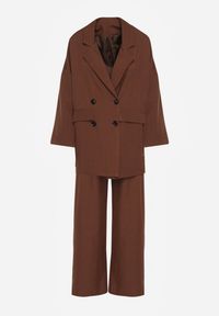 Renee - Brązowy Komplet Garniturowy Oversize Marynarka Dwurzędowa i Spodnie Wide Leg Tevilna. Kolor: brązowy. Wzór: aplikacja #5