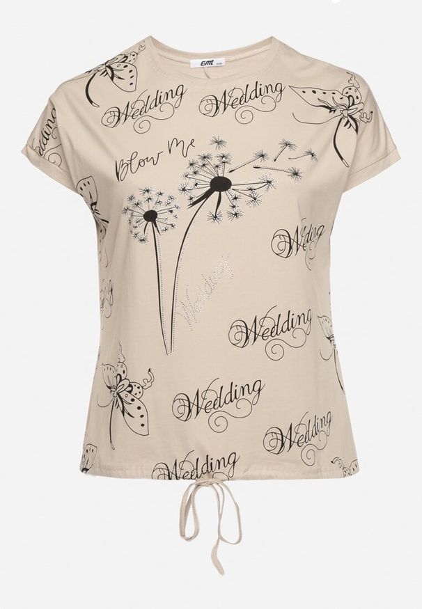 Born2be - Ciemnobeżowy Bawełniany T-shirt z Motywem Dmuchawców Cyrkoniami i Troczkiem Oliseana. Okazja: na co dzień. Kolor: beżowy. Materiał: bawełna. Styl: casual