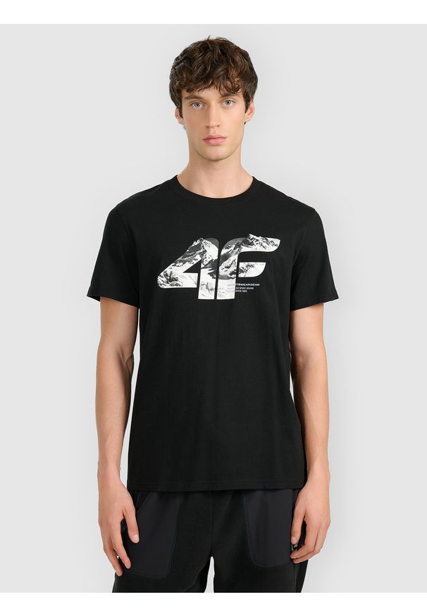 4f - 4F T-shirt regular z nadrukiem męski - czarny S. Okazja: na co dzień. Kolor: czarny. Materiał: dzianina, materiał, bawełna. Wzór: nadruk. Styl: casual