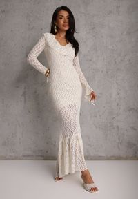 Renee - Beżowa Wieczorowa Sukienka z Koronki Zdobiona Falbanami Lunetra. Typ kołnierza: dekolt w kształcie V. Kolor: beżowy. Materiał: koronka. Wzór: aplikacja, koronka. Styl: wizytowy #1