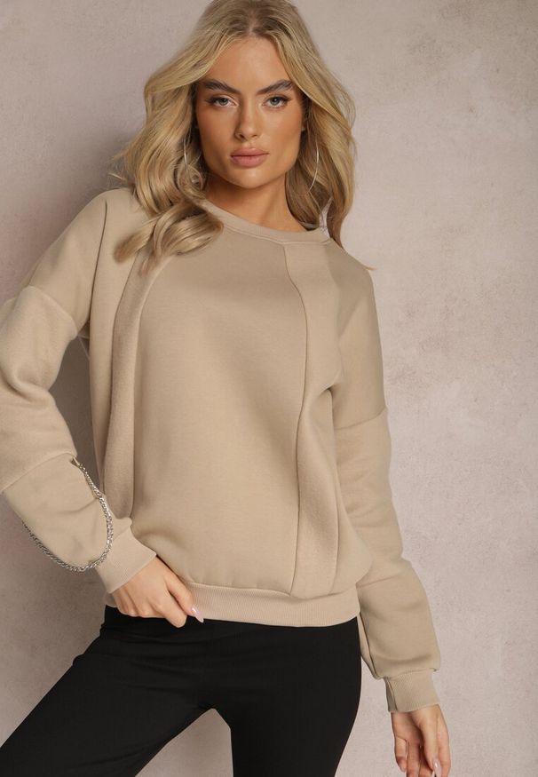 Renee - Beżowa Bawełniana Bluza z Łańcuszkiem Eleutia. Kolor: beżowy. Materiał: bawełna. Styl: klasyczny