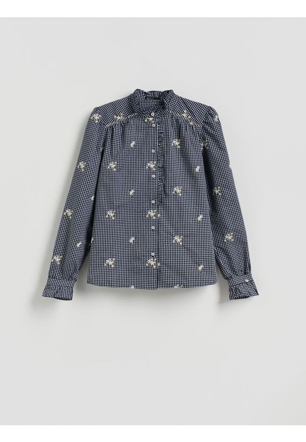 Reserved - Koszula z haftem - granatowy. Kolor: niebieski. Materiał: bawełna, dzianina. Wzór: haft