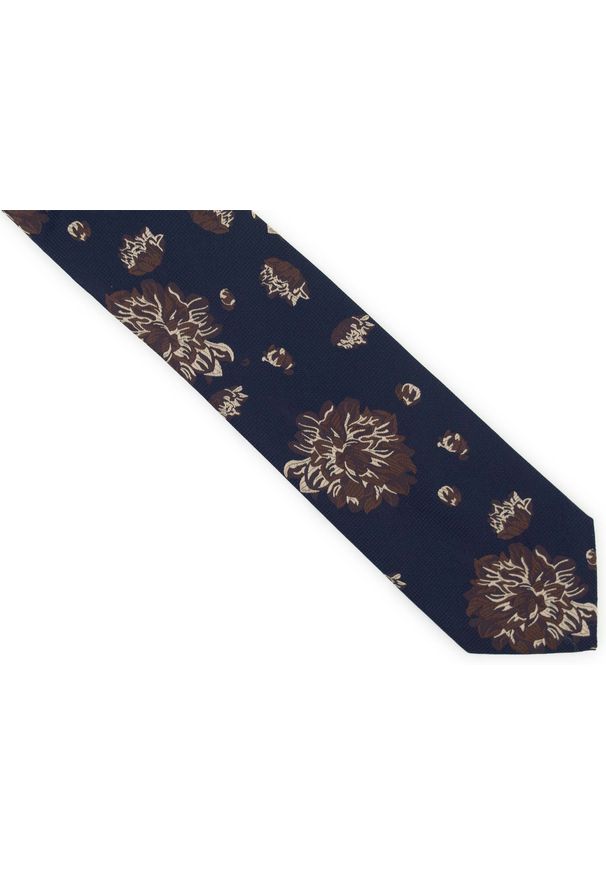 Adam Collection - Granatowy krawat męski w brązowe kwiaty D324. Kolor: brązowy, wielokolorowy, niebieski. Materiał: mikrofibra, tkanina. Wzór: kwiaty