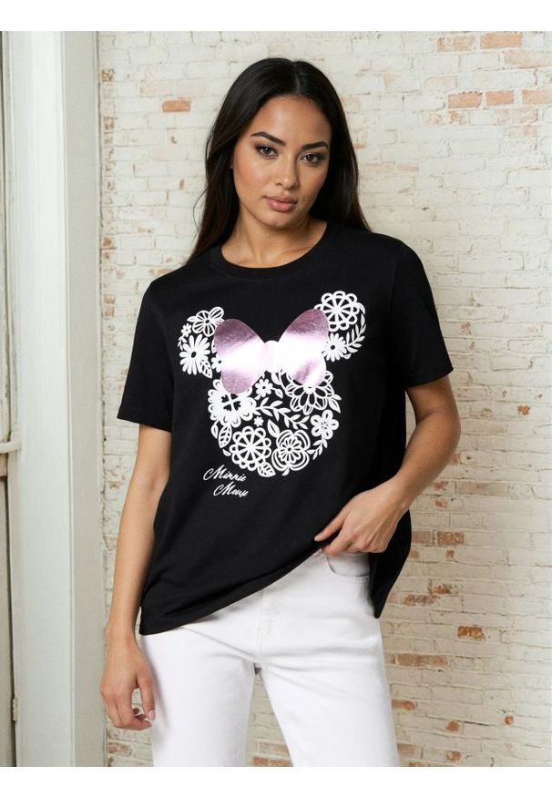 Sinsay - Bawełniana koszulka z nadrukiem Minnie Mouse - czarny. Kolor: czarny. Materiał: bawełna. Wzór: motyw z bajki, nadruk