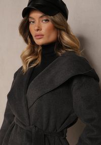 Renee - Ciemnoszary Płaszcz z Wiskozą Kapturem i Paskiem w Talii Ninerviria. Okazja: na co dzień. Typ kołnierza: kaptur. Kolor: szary. Materiał: wiskoza. Wzór: aplikacja. Styl: casual, elegancki