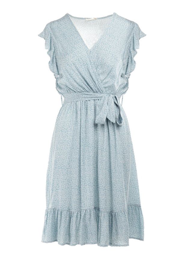 Born2be - Miętowa Sukienka z Paskiem Rartho. Typ kołnierza: kołnierz z falbankami. Kolor: miętowy. Materiał: wiskoza, materiał. Wzór: nadruk, kwiaty. Typ sukienki: rozkloszowane, kopertowe. Długość: mini