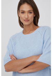 Mos Mosh sweter wełniany damski lekki. Okazja: na co dzień. Kolor: niebieski. Materiał: wełna. Długość rękawa: raglanowy rękaw. Styl: casual #5