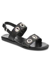 CheBello - Czarne Sandały Chebello Damskie Stylowe Obuwie. Zapięcie: pasek. Kolor: czarny. Materiał: jeans, skóra. Wzór: paski, aplikacja. Sezon: lato. Obcas: na płaskiej podeszwie. Styl: elegancki