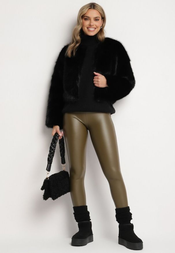 Born2be - Zielone Ocieplane Legginsy z Wysokim Stanem Koradi. Okazja: na co dzień. Stan: podwyższony. Kolor: zielony. Długość: długie. Wzór: bez wzorów, aplikacja. Styl: casual, elegancki