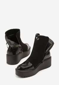 Born2be - Czarne Botki Vices na Platformie z Tłoczeniem Krokodyla Falarena. Okazja: na co dzień. Kolor: czarny. Materiał: jeans. Obcas: na platformie. Styl: klasyczny, casual #3