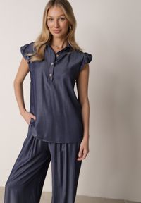 Born2be - Granatowy Komplet z Wiskozą Szerokie Spodnie i Bluzka z Kołnierzykiem Nautiviane. Kolekcja: plus size. Kolor: niebieski. Materiał: wiskoza. Wzór: gładki #8