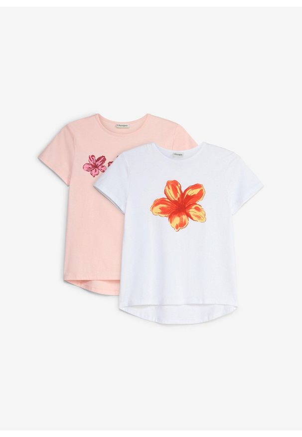 bonprix - T-shirt z elastycznej mieszanki bawełny organicznej (2 szt.). Kolor: biały. Materiał: bawełna. Długość rękawa: krótki rękaw. Długość: krótkie. Wzór: nadruk. Sezon: lato