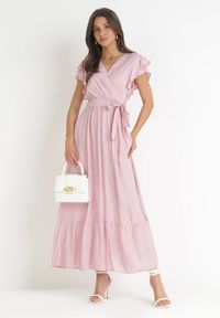Born2be - Różowa Rozkloszowana Sukienka z Wiązanym Paskiem Nonru. Kolor: różowy. Materiał: materiał. Wzór: aplikacja. Styl: wakacyjny. Długość: maxi