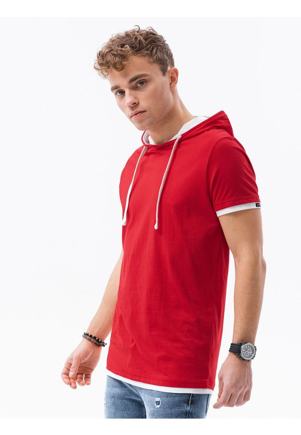 Ombre Clothing - T-shirt męski z kapturem bez nadruku S1376 - czerwony - XXL. Okazja: na co dzień. Typ kołnierza: kaptur. Kolor: czerwony. Materiał: bawełna, jersey, dzianina. Styl: klasyczny, casual
