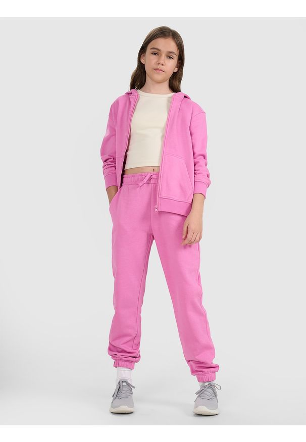 4f - 4F Bluza dresowa rozpinana z kapturem dziewczęca - różowa 164 (13-14 lat). Okazja: na co dzień. Typ kołnierza: kaptur. Kolor: różowy. Materiał: dresówka. Wzór: gładki, ze splotem. Sezon: lato. Styl: casual, sportowy