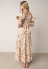 Born2be - Beżowa Rozkloszowana Sukienka z Wiskozy z Bufiastymi Rękawami w Roślinny Wzór Semea. Okazja: do pracy, na co dzień, na spotkanie biznesowe. Kolor: beżowy. Materiał: wiskoza. Sezon: lato. Typ sukienki: proste, rozkloszowane. Styl: biznesowy, casual. Długość: maxi #7