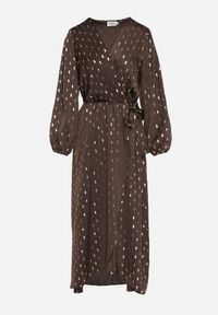Born2be - Brązowa Kopertowa Sukienka z Wiązaniem w Pasie i Metalicznym Nadrukiem Reisana. Okazja: na co dzień. Typ kołnierza: dekolt w serek. Kolor: brązowy. Wzór: nadruk. Typ sukienki: kopertowe. Styl: casual, elegancki, klasyczny #6