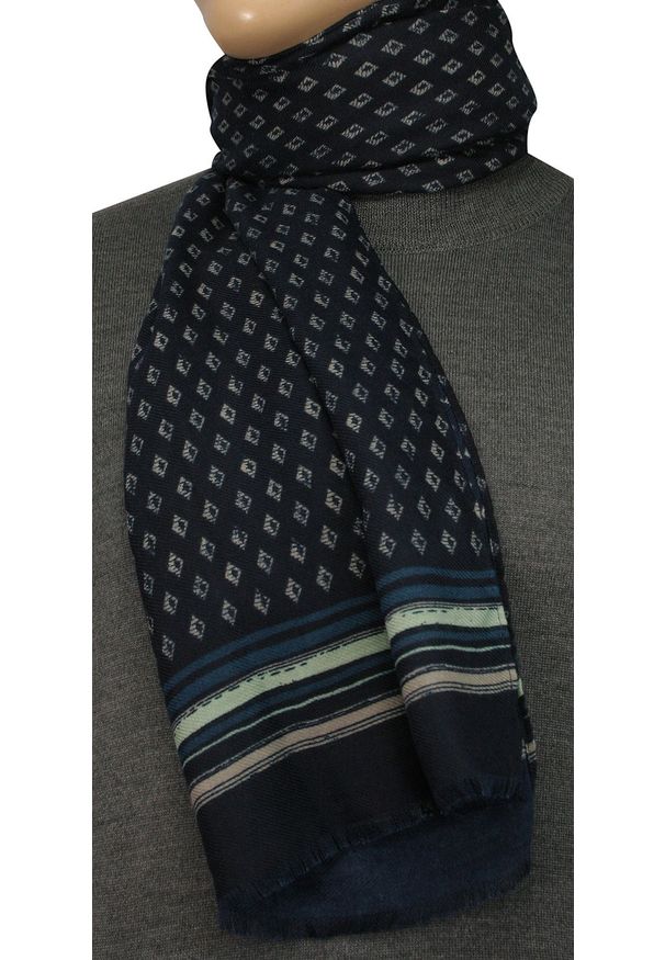V. Fraas - Szalik Granatowo-Beżowy Przejściowy, Cienki, Elegancki -V.Fraas- Wzór Geometryczny, Męski. Kolor: beżowy, niebieski, brązowy, wielokolorowy. Materiał: poliester. Wzór: geometria. Styl: elegancki