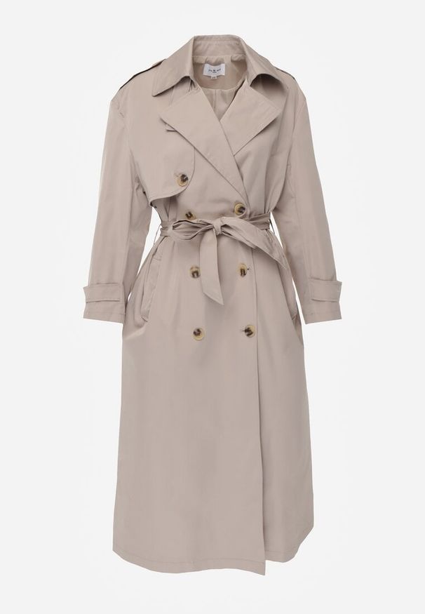 Renee - Beżowy Płaszcz Trencz z Bawełny i Wiskozy z Wiązanym Paskiem i Klapą Lissien. Kolor: beżowy. Materiał: wiskoza, bawełna