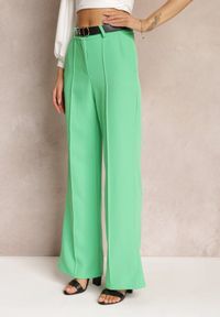Renee - Zielone Szerokie Spodnie z Wysokim Stanem i Paskiem z Ozdobną Klamrą Lilura. Stan: podwyższony. Kolor: zielony #4