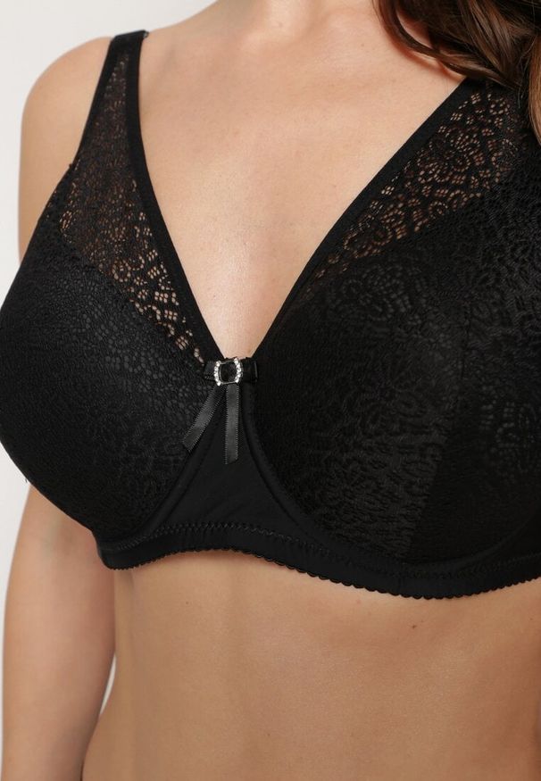 Renee - Czarny Koronkowy Biustonosz Full Cup z Ozdobnymi Cyrkoniami na Kokardce Nikoriana. Kolor: czarny. Materiał: koronka. Wzór: koronka